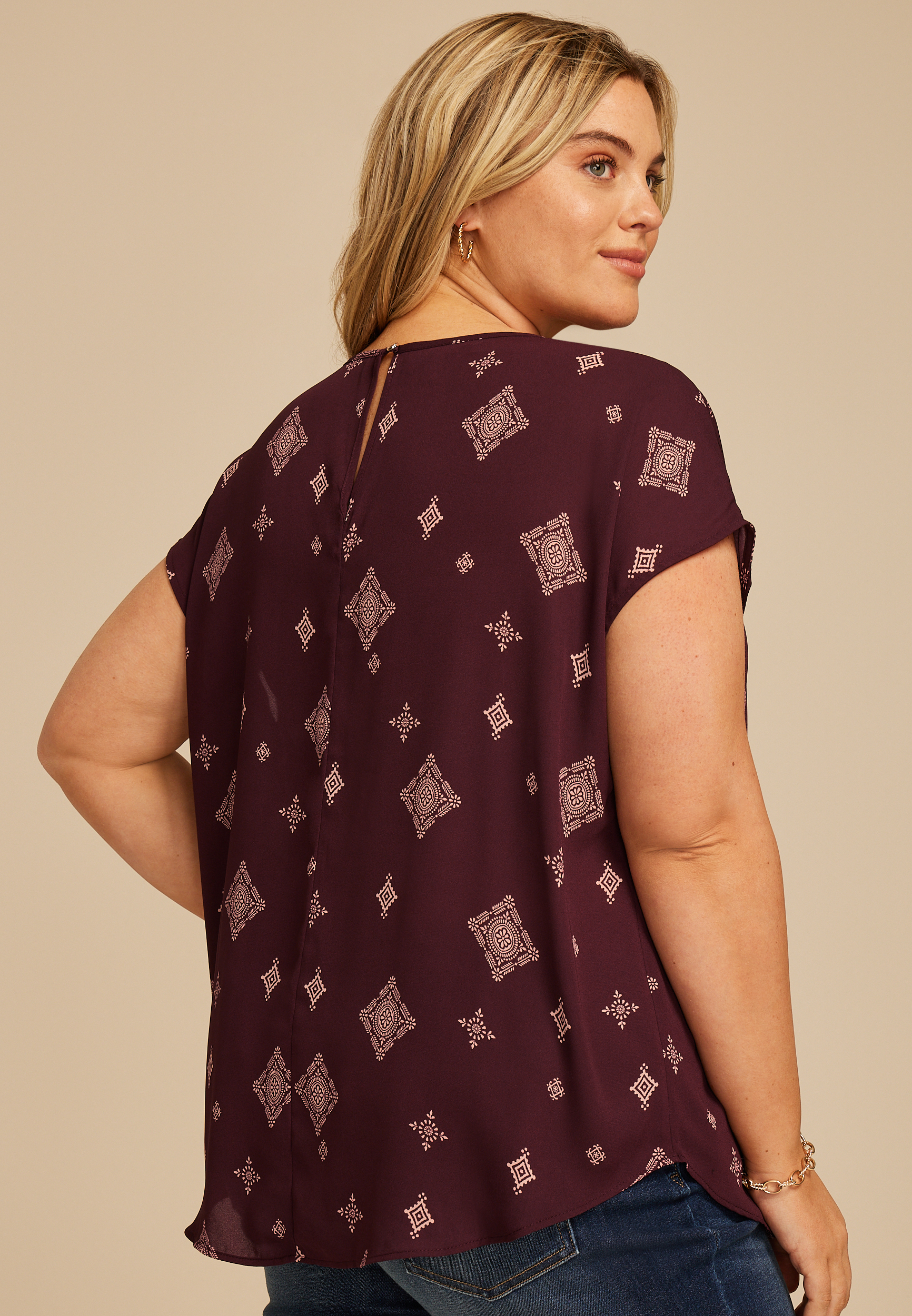 Plus Size Delton Geo Print Pleated Blouse, BURGUNDY COMBO, large