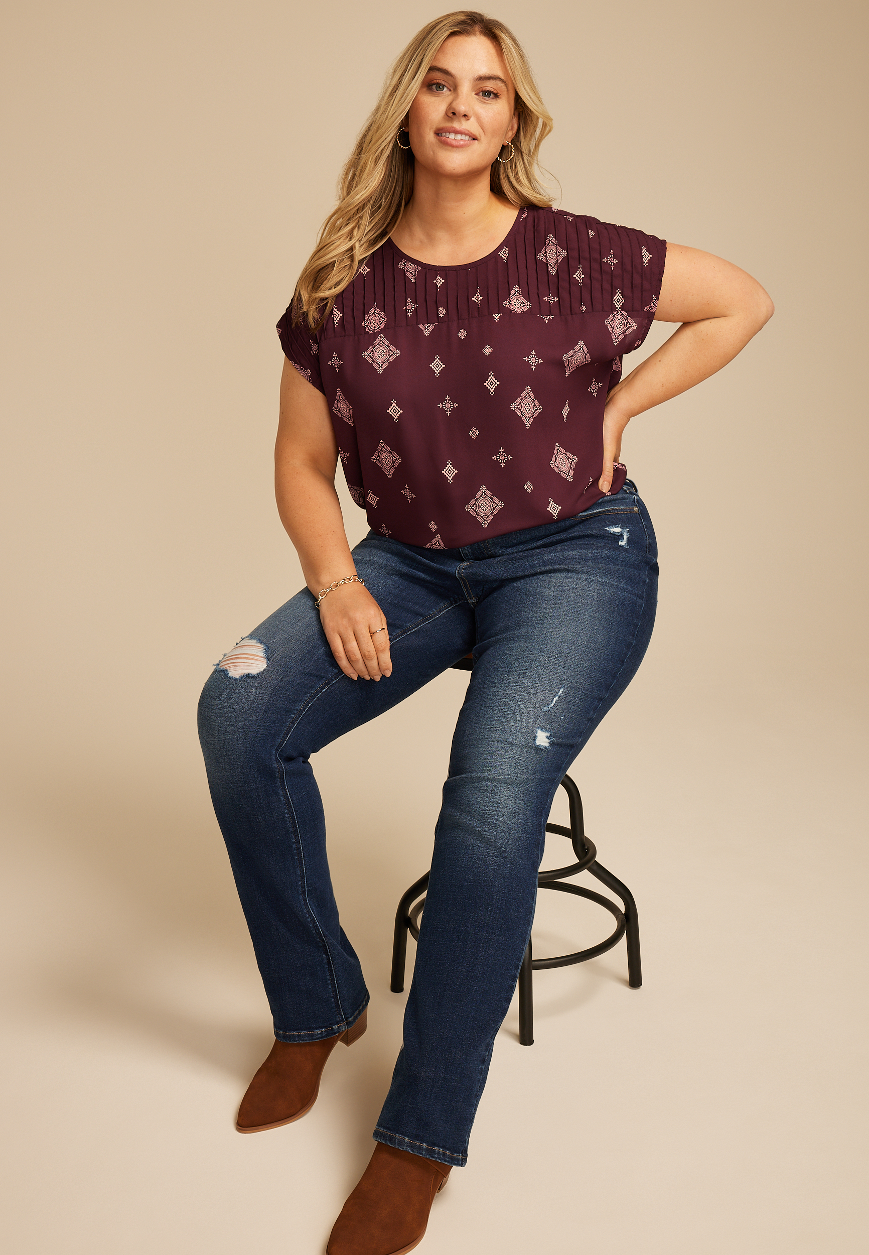 Plus Size Delton Geo Print Pleated Blouse, BURGUNDY COMBO, large