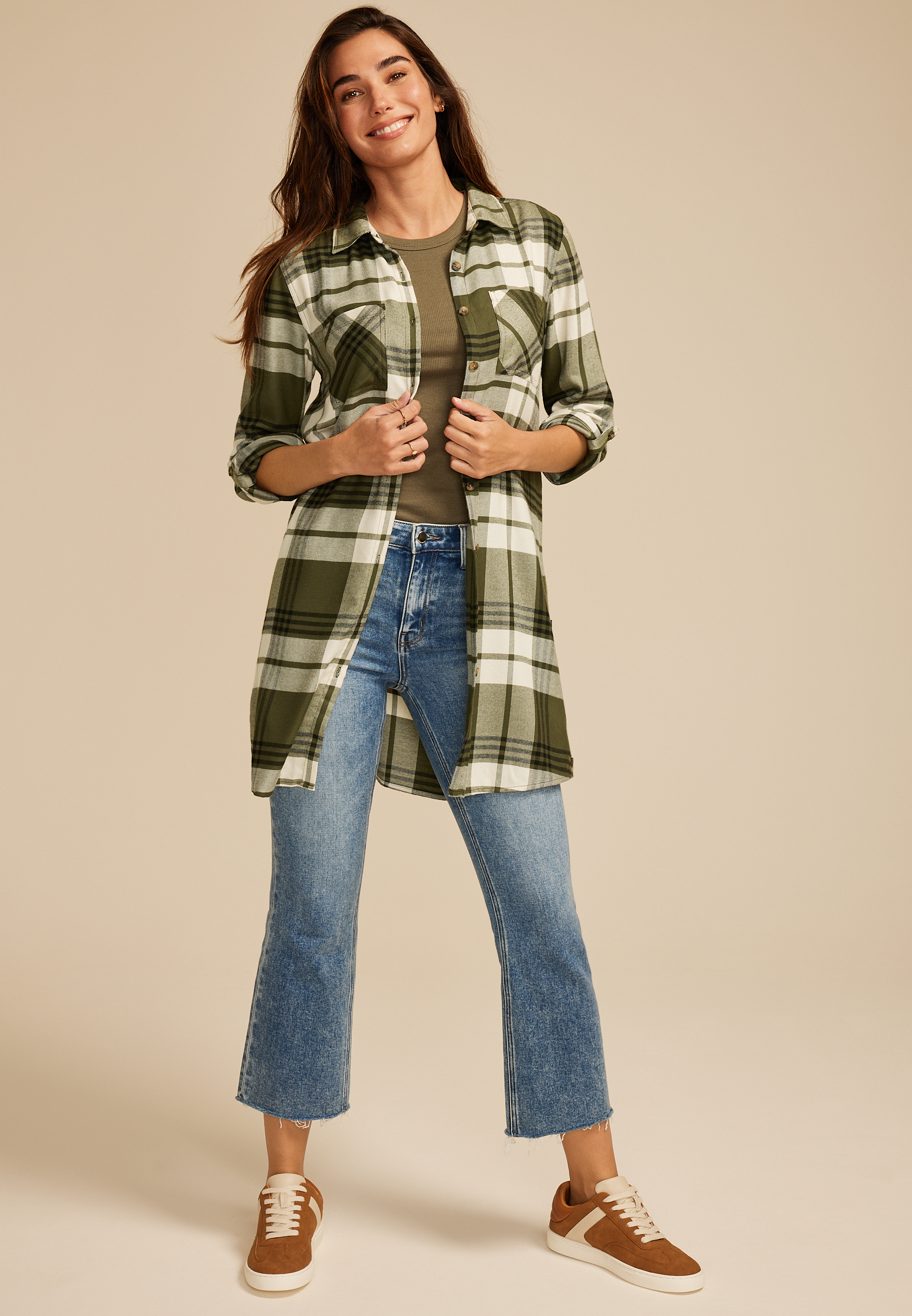 Olive Plaid Button Down Duster Shirt