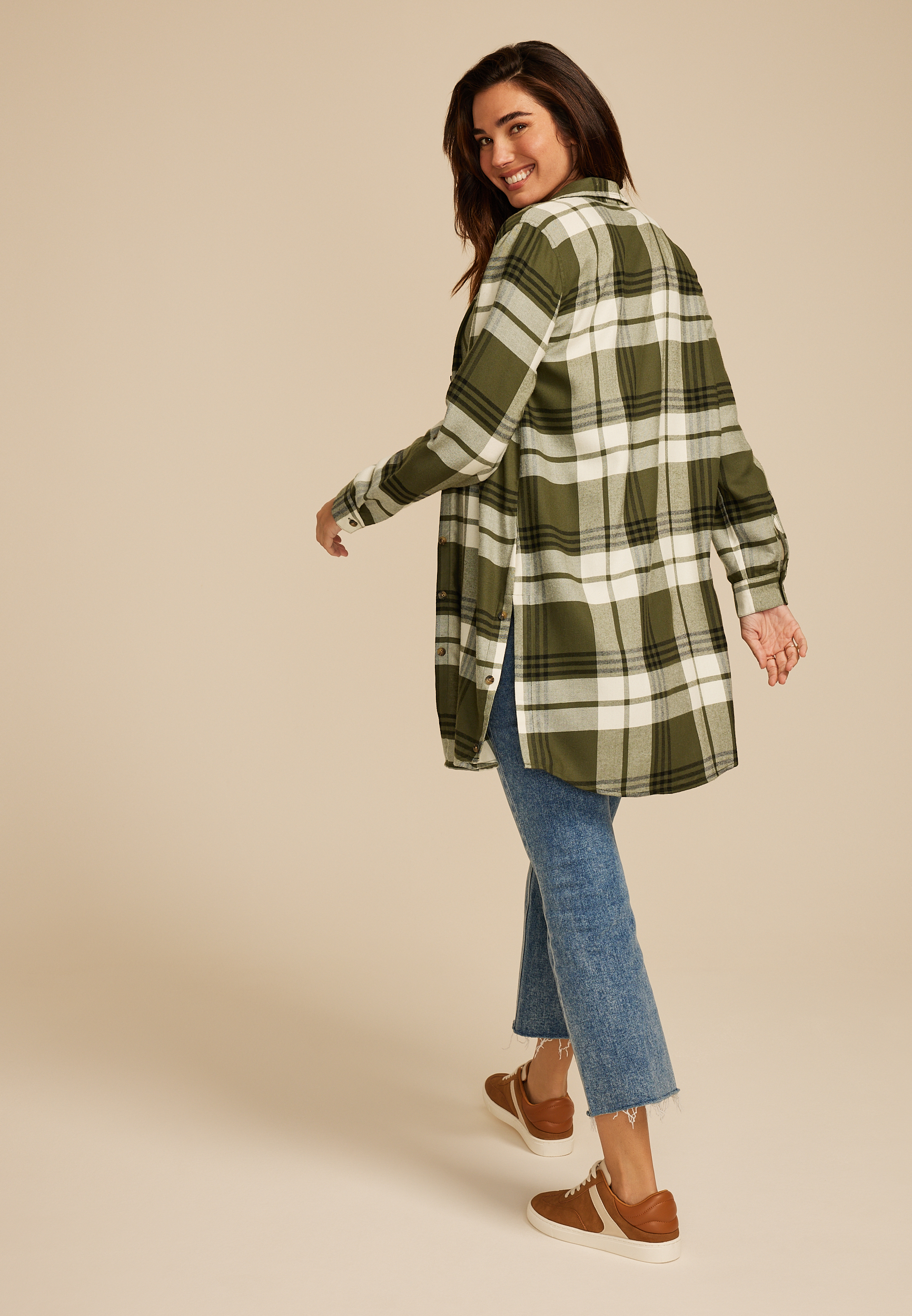Olive Plaid Button Down Duster Shirt, C1829, large