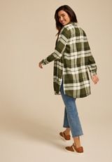 Olive Plaid Button Down Duster Shirt, C1829, small