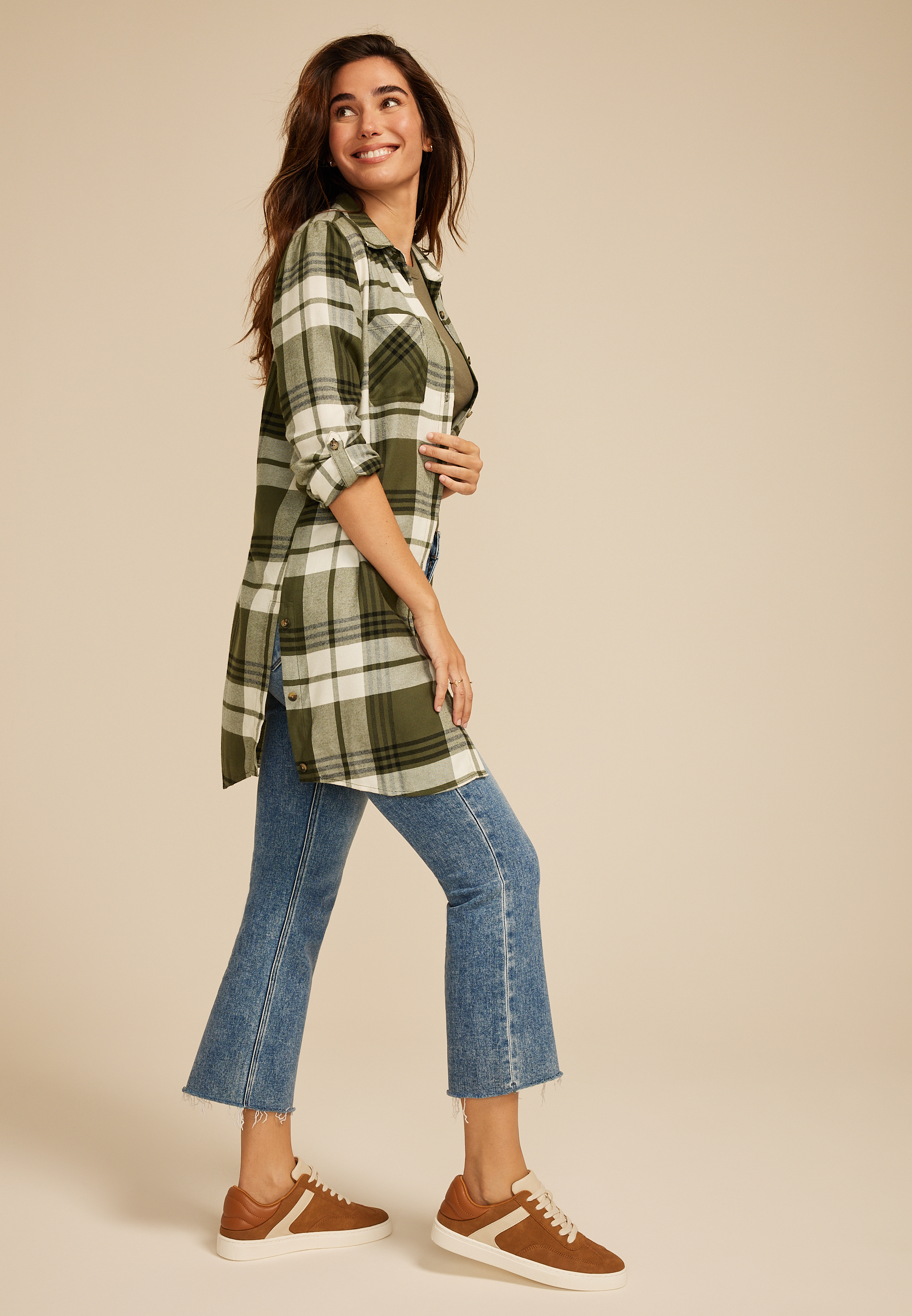 Olive Plaid Button Down Duster Shirt, C1829, large