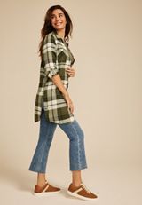 Olive Plaid Button Down Duster Shirt, C1829, small