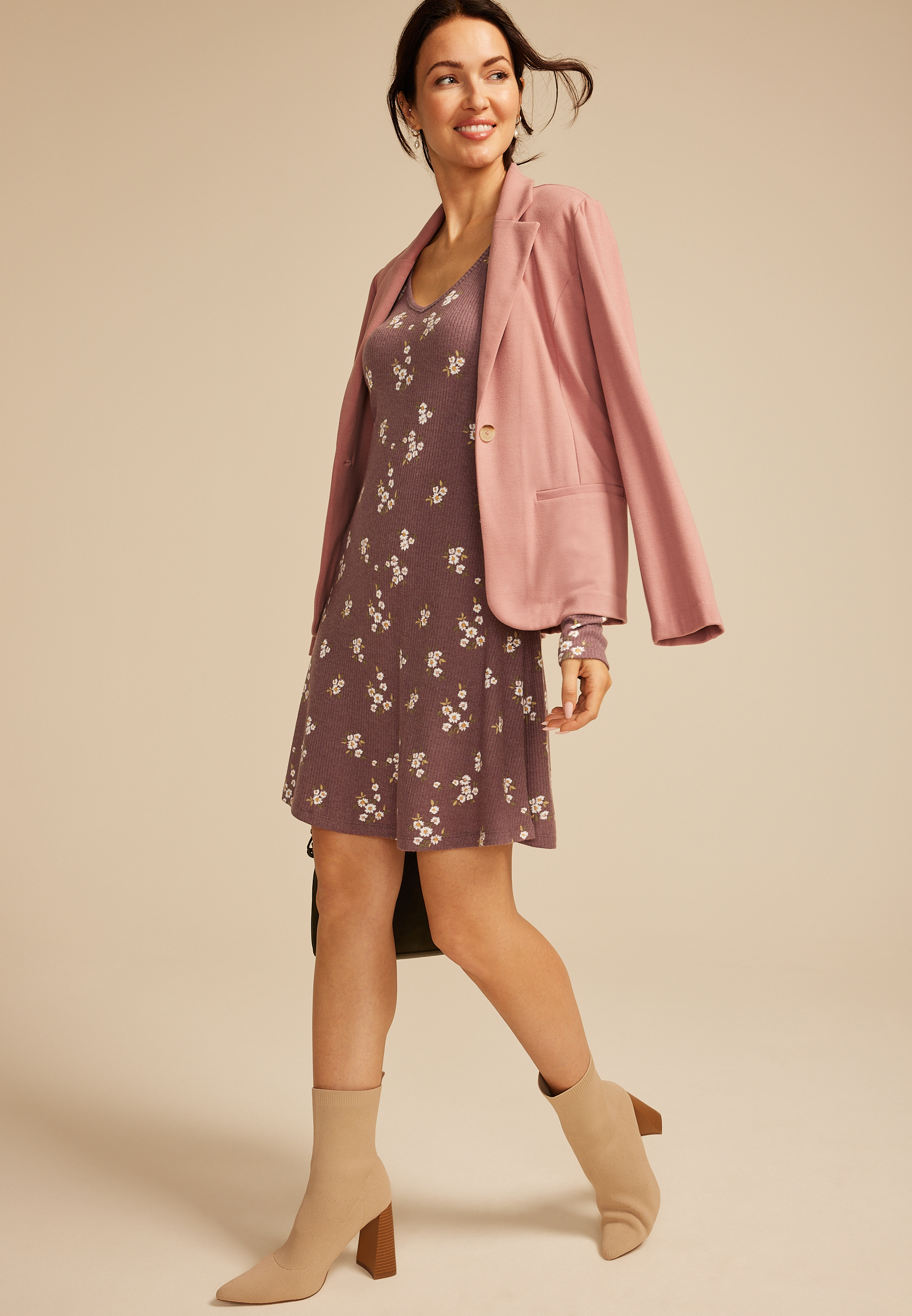 24/7 Floral Long Sleeve Skater Dress, PURPLE MOSS COMBO, large