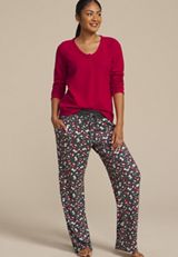 Hacci Henley Long Sleeve Tee And Wide Leg Pajama Set, , small