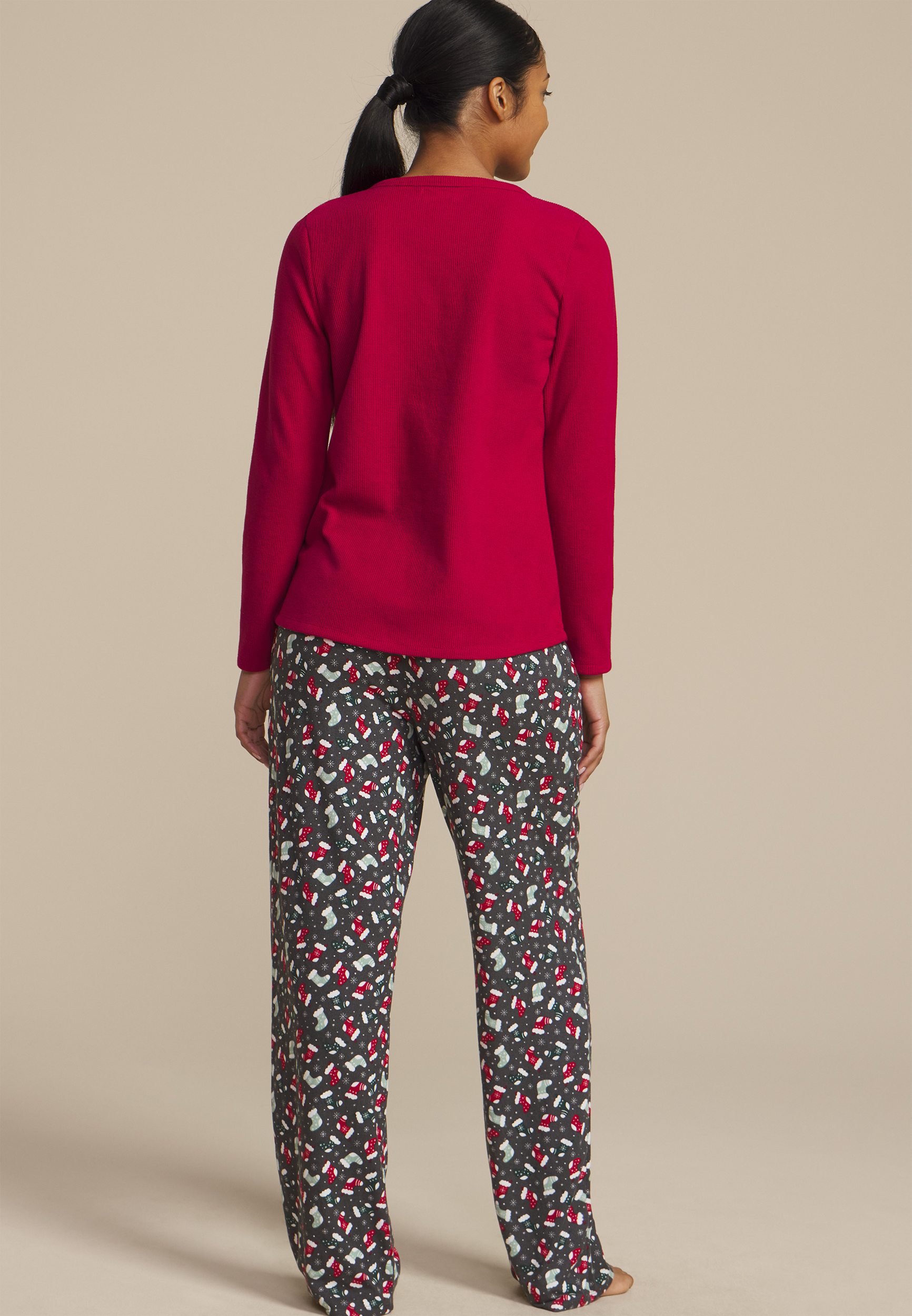 Hacci Henley Long Sleeve Tee And Wide Leg Pajama Set, , large