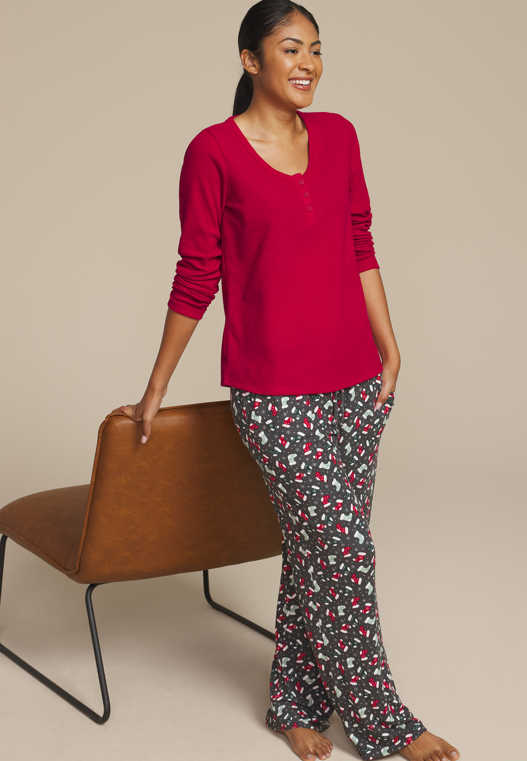 Hacci Henley Long Sleeve Tee And Wide Leg Pajama Set, , large