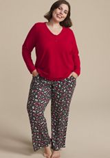 Plus Size Hacci Henley Long Sleeve Tee And Wide Leg Pajama Set, , small