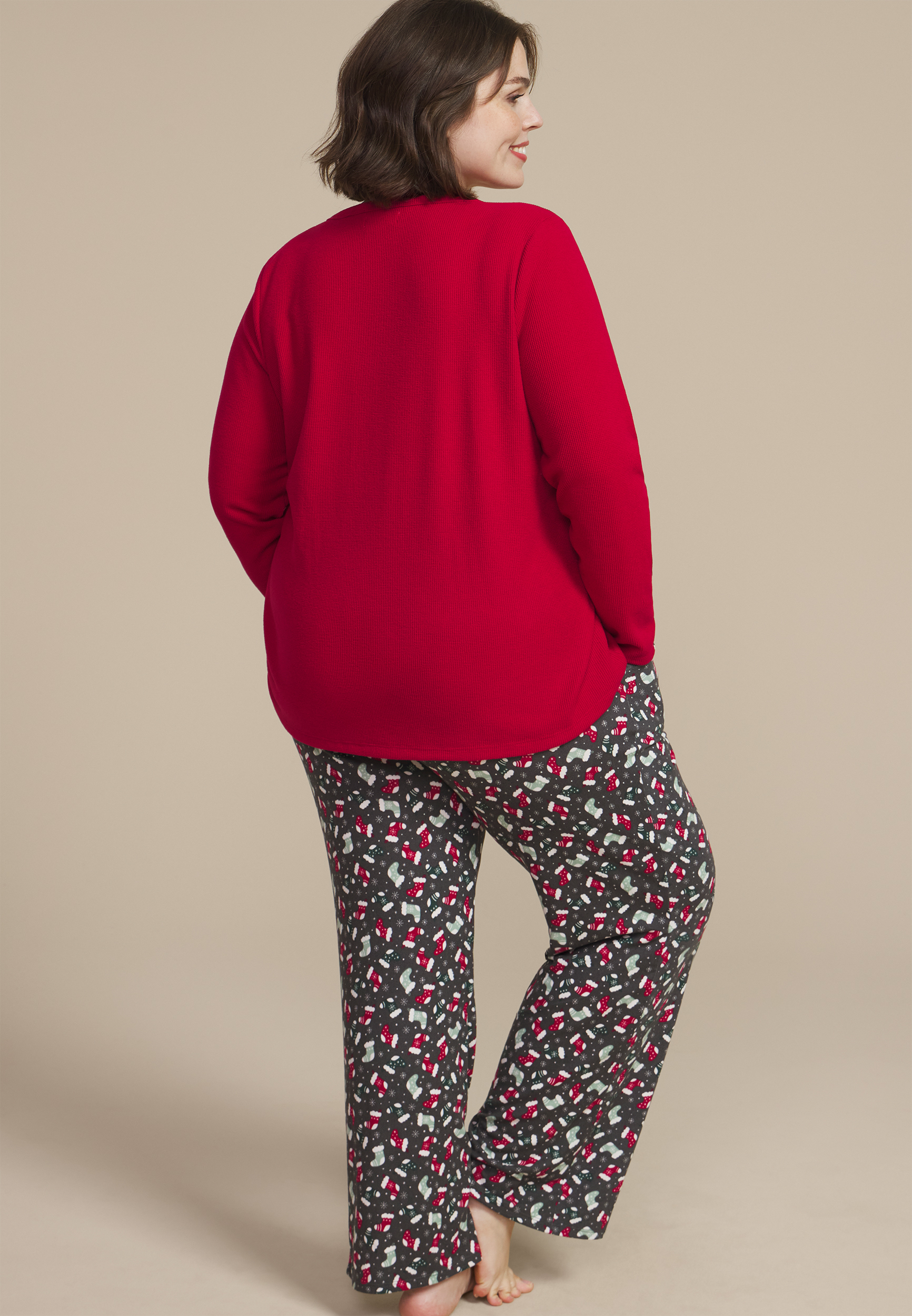 Plus Size Hacci Henley Long Sleeve Tee And Wide Leg Pajama Set, , large