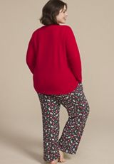 Plus Size Hacci Henley Long Sleeve Tee And Wide Leg Pajama Set, , small
