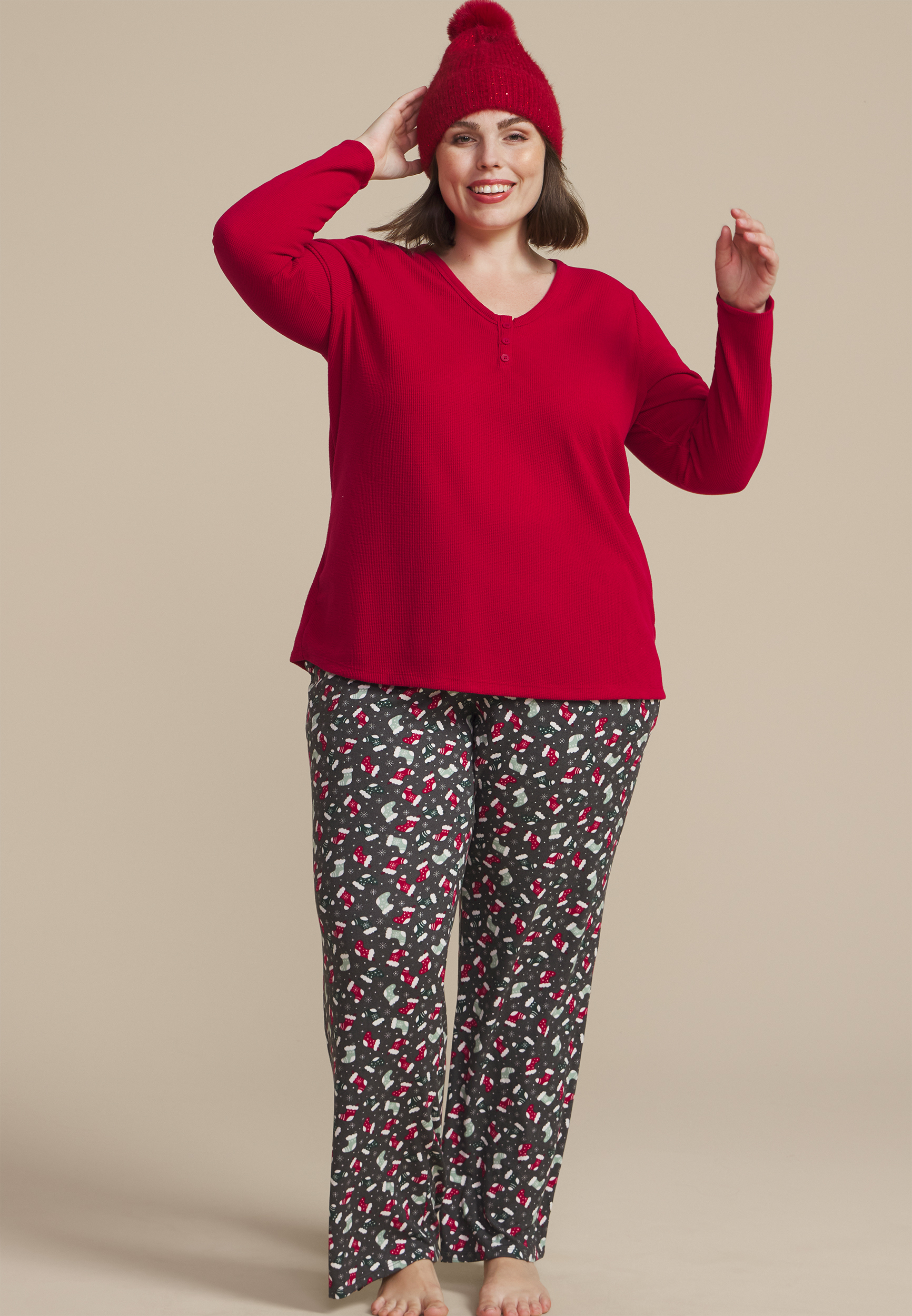 Plus Size Hacci Henley Long Sleeve Tee And Wide Leg Pajama Set, , large