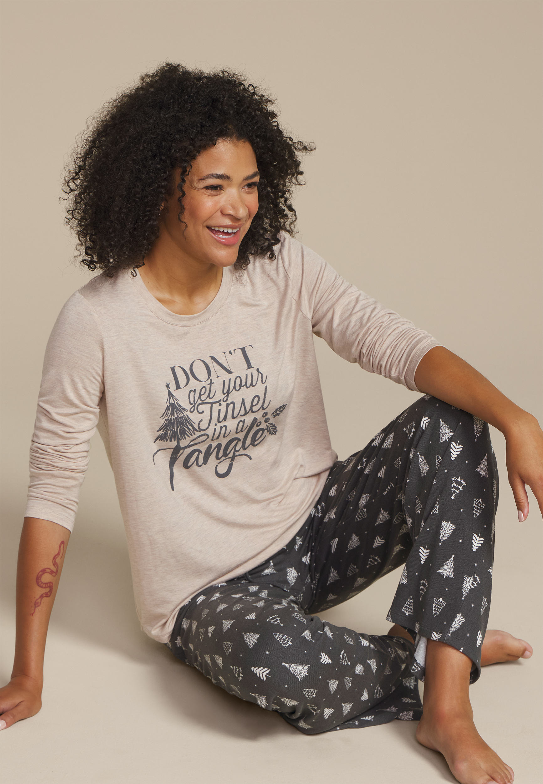 Dont Get Your Tinsel In A Tangle Graphic Tee And Wide Leg Pajama Set, , large