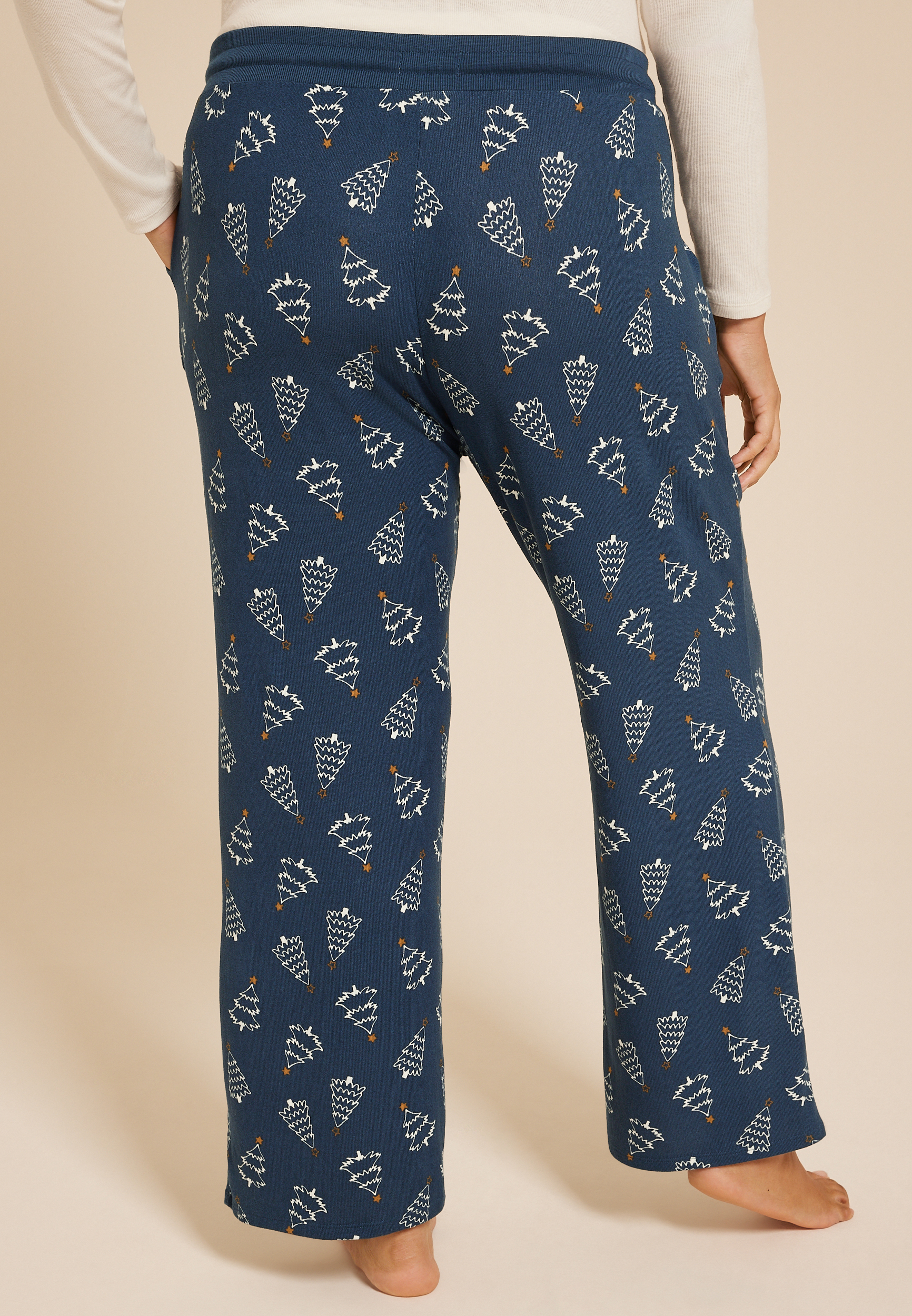 Plus Size Blue Hacci Christmas Tree  Wide Leg Pajama Pants, C4131, large