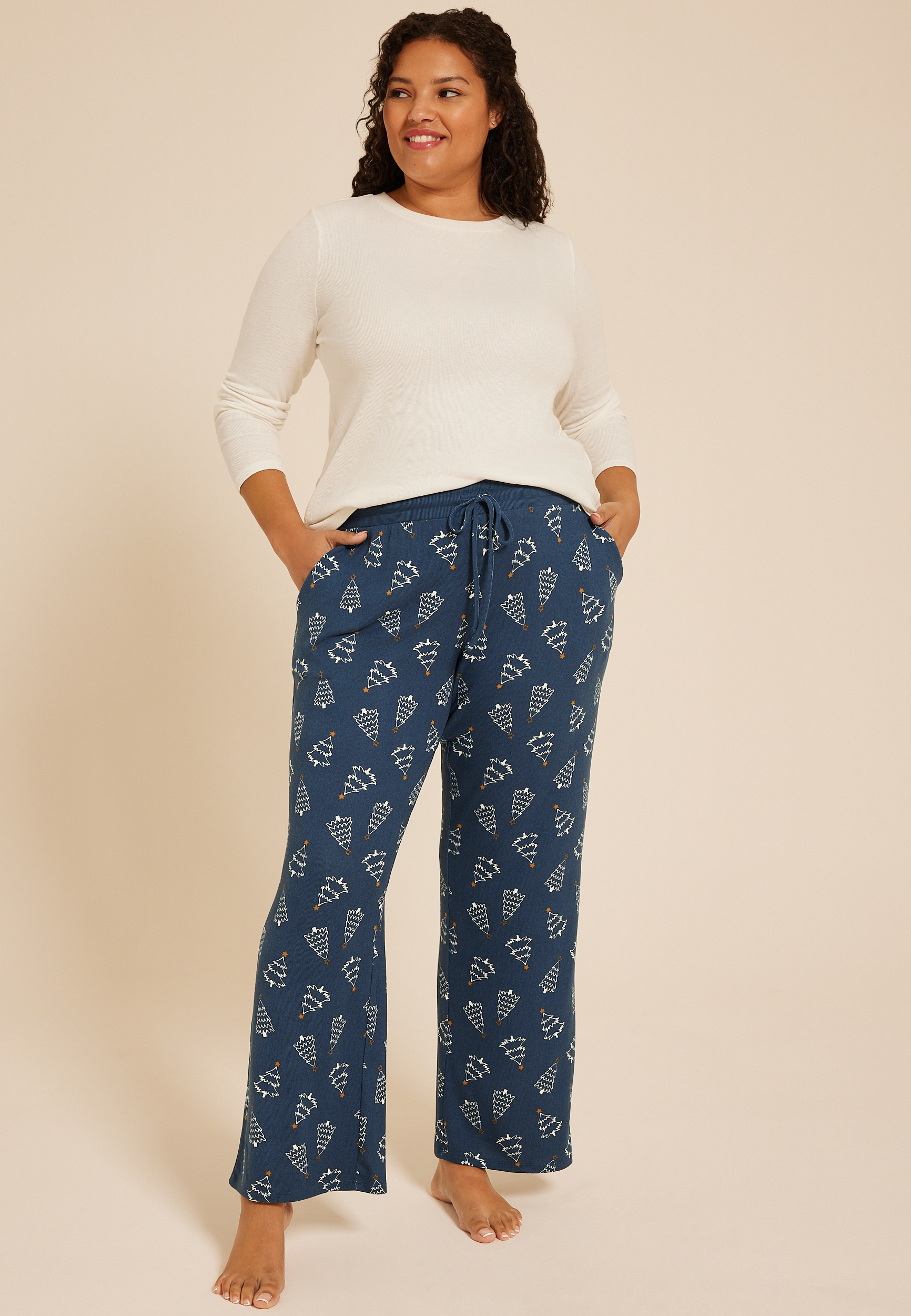 Plus Size Blue Hacci Christmas Tree  Wide Leg Pajama Pants, C4131, large