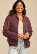 Plush Snap Button Front Bomber Jacket, PURPLE MOSS, small