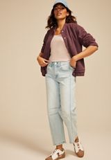 Plush Snap Button Front Bomber Jacket, PURPLE MOSS, small