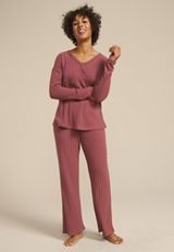 Cozy Wide Ribbed Long Sleeve Tee And Wide Leg Pajama Set, C6578, small