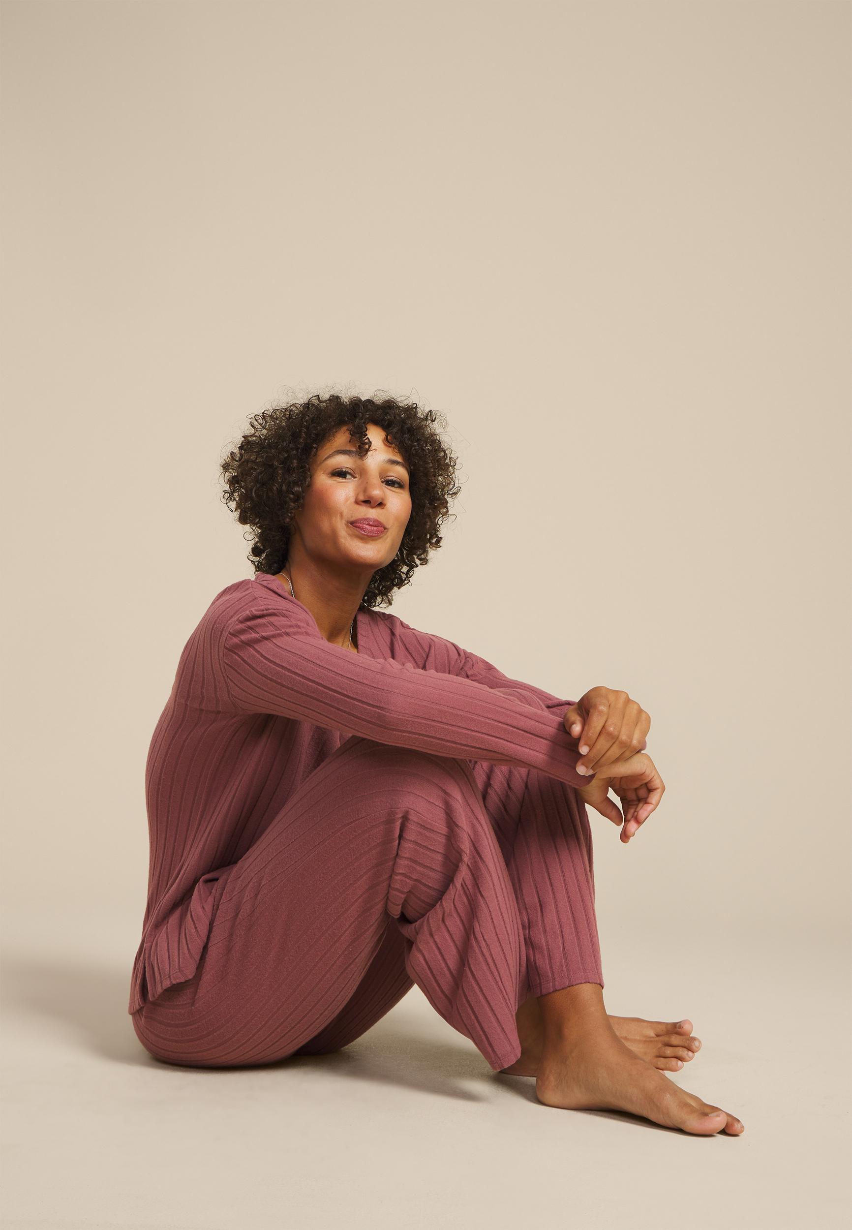 Cozy Wide Ribbed Long Sleeve Tee And Wide Leg Pajama Set, C6578, large