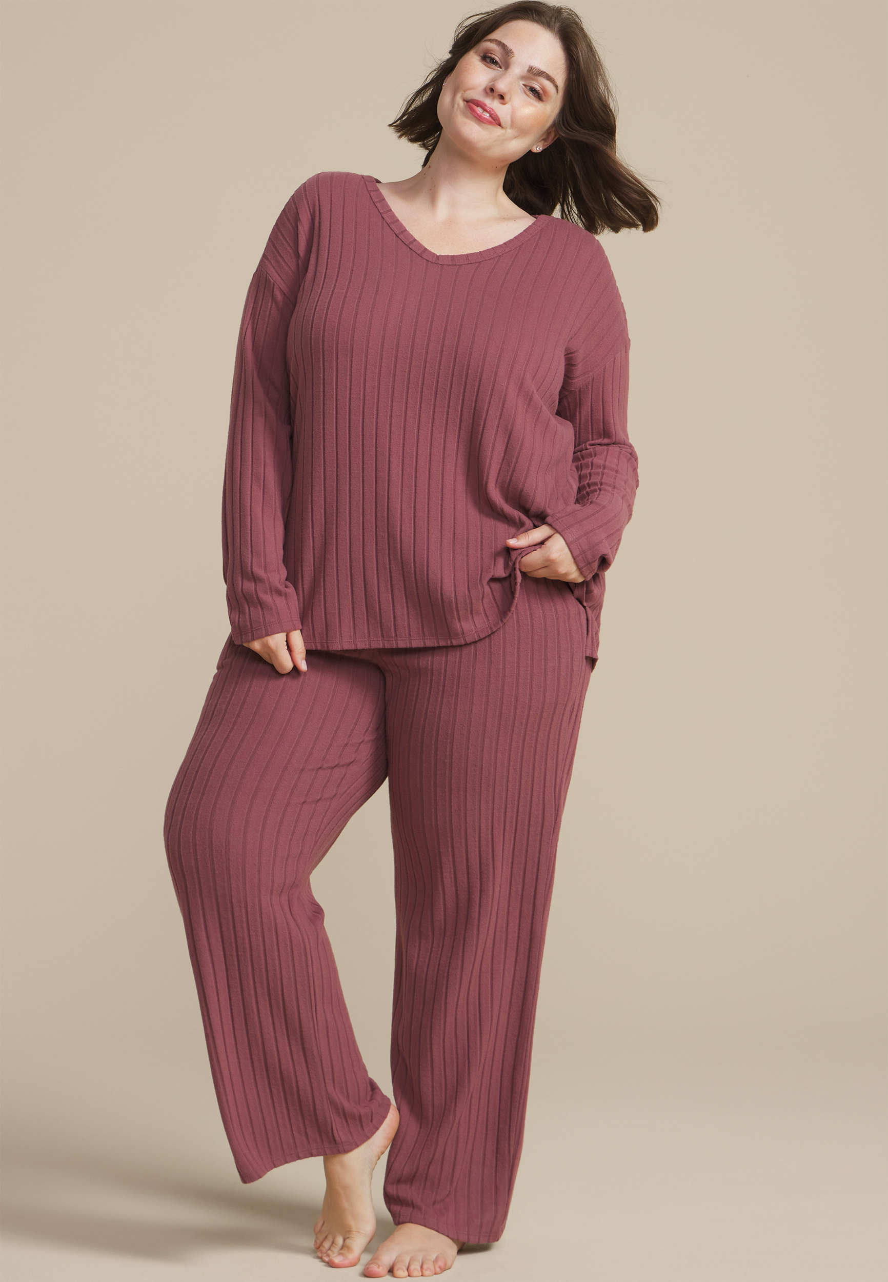 Plus Size Cozy Wide Ribbed Long Sleeve Tee And Wide Leg Pajama Set