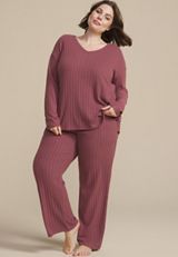 Plus Size Cozy Wide Ribbed Long Sleeve Tee And Wide Leg Pajama Set, ROSE BROWN, small