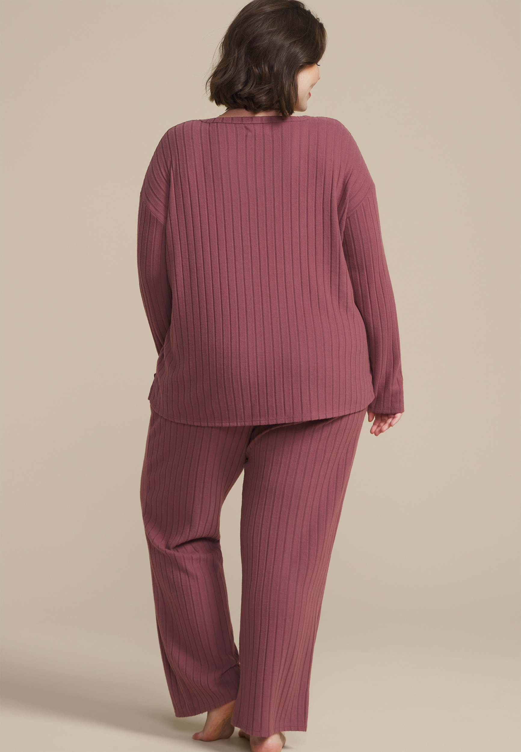Plus Size Cozy Wide Ribbed Long Sleeve Tee And Wide Leg Pajama Set, ROSE BROWN, large