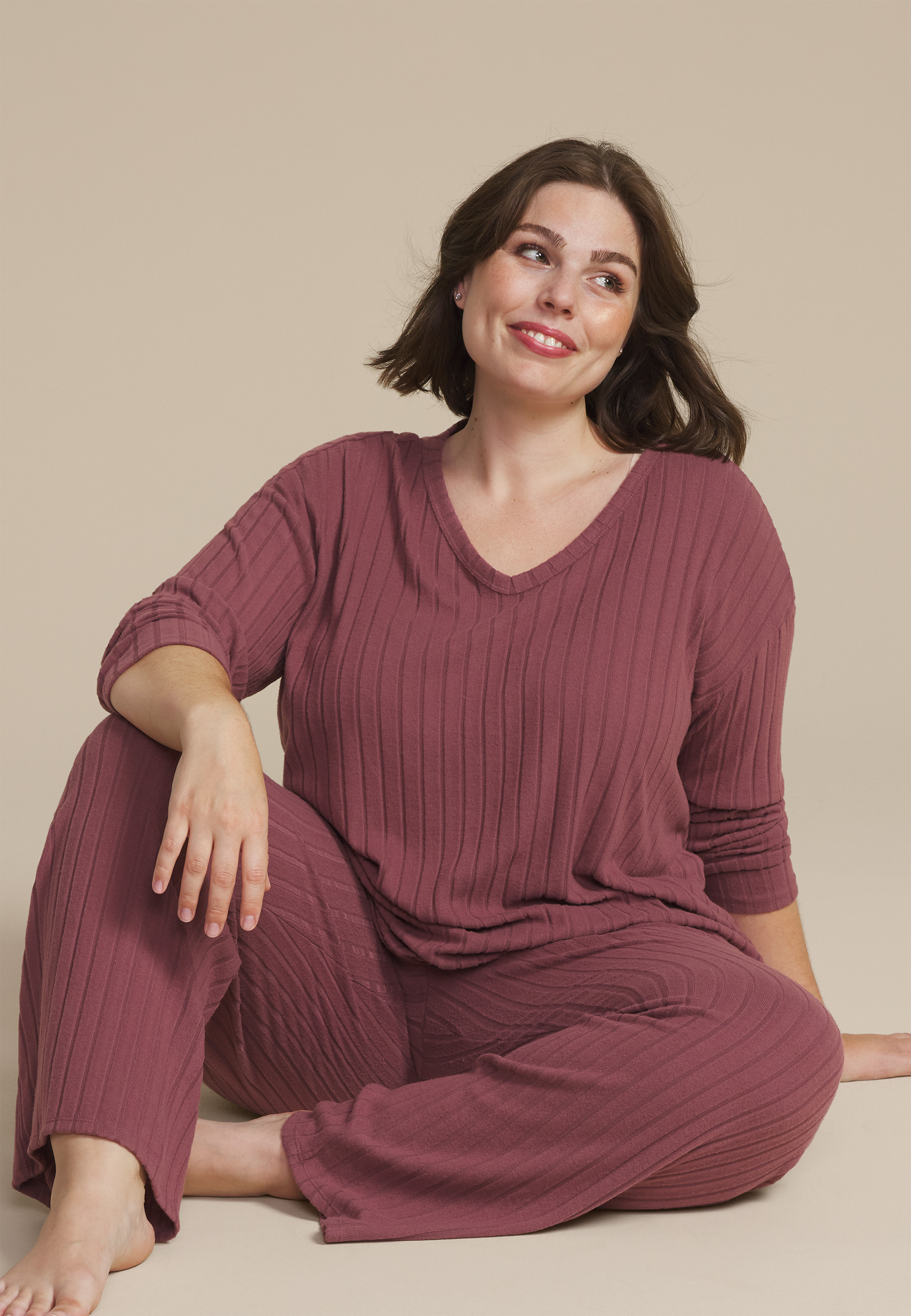Plus Size Cozy Wide Ribbed Long Sleeve Tee And Wide Leg Pajama Set, ROSE BROWN, large