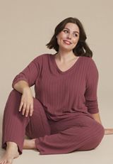 Plus Size Cozy Wide Ribbed Long Sleeve Tee And Wide Leg Pajama Set, ROSE BROWN, small