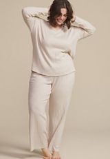 Plus Size Heathered Cozy Wide Ribbed Long Sleeve Tee And Wide Leg Pajama Set, LIGHT OATMEAL HEATHER, small
