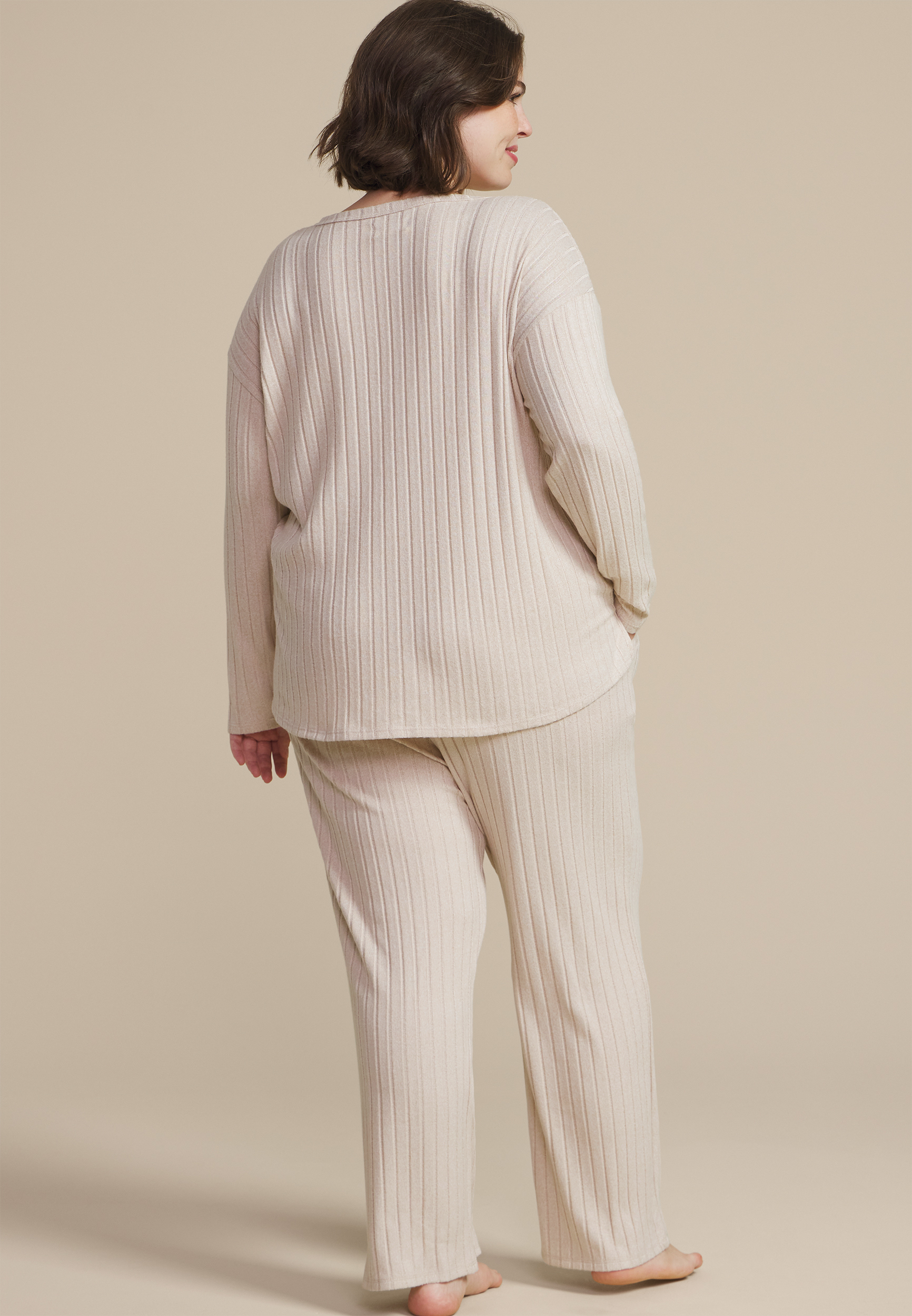 Plus Size Heathered Cozy Wide Ribbed Long Sleeve Tee And Wide Leg Pajama Set, LIGHT OATMEAL HEATHER, large