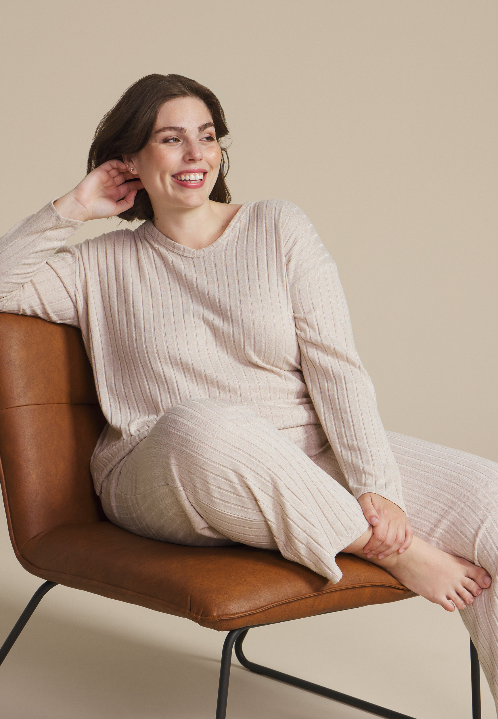 Plus Size Heathered Cozy Wide Ribbed Long Sleeve Tee And Wide Leg Pajama Set, LIGHT OATMEAL HEATHER, large