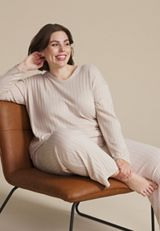 Plus Size Heathered Cozy Wide Ribbed Long Sleeve Tee And Wide Leg Pajama Set, LIGHT OATMEAL HEATHER, small