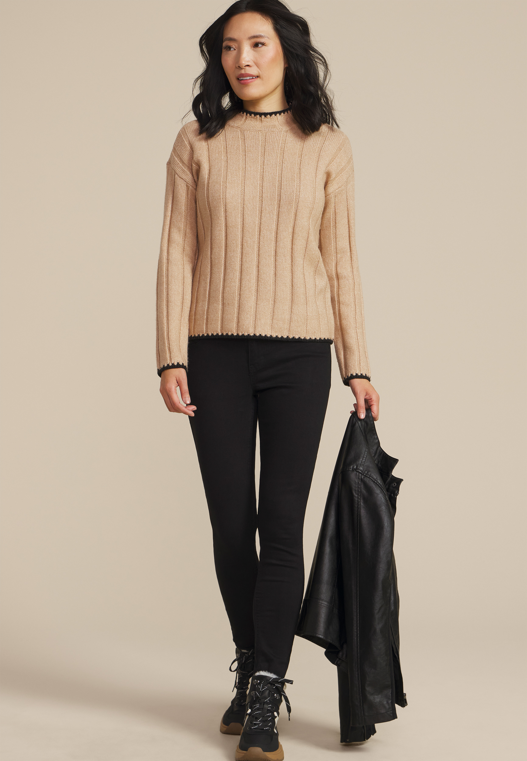 Whipstitch Mock Neck Sweater, , large