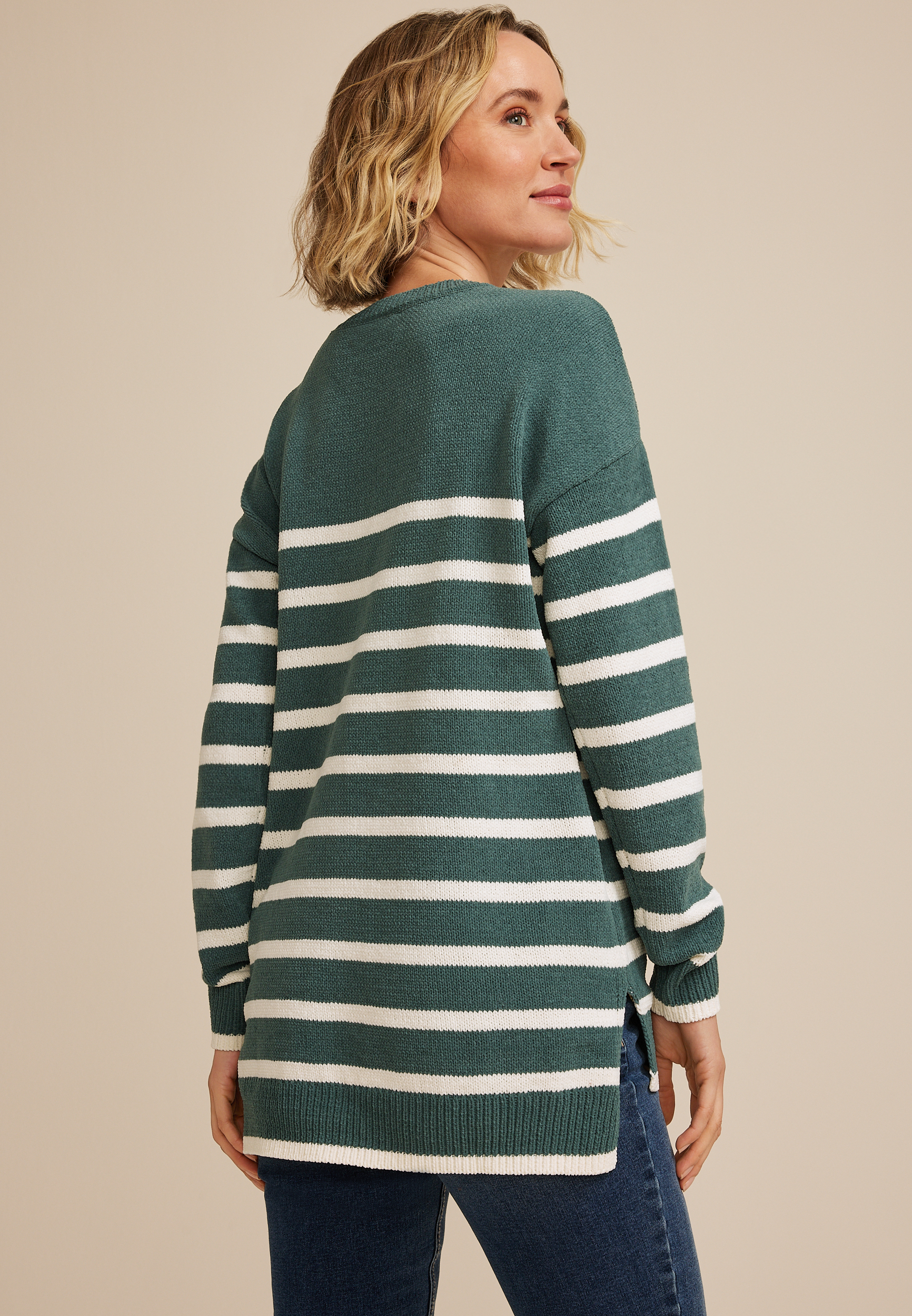 Matte Chenille Striped Tunic Sweater, C8125, large