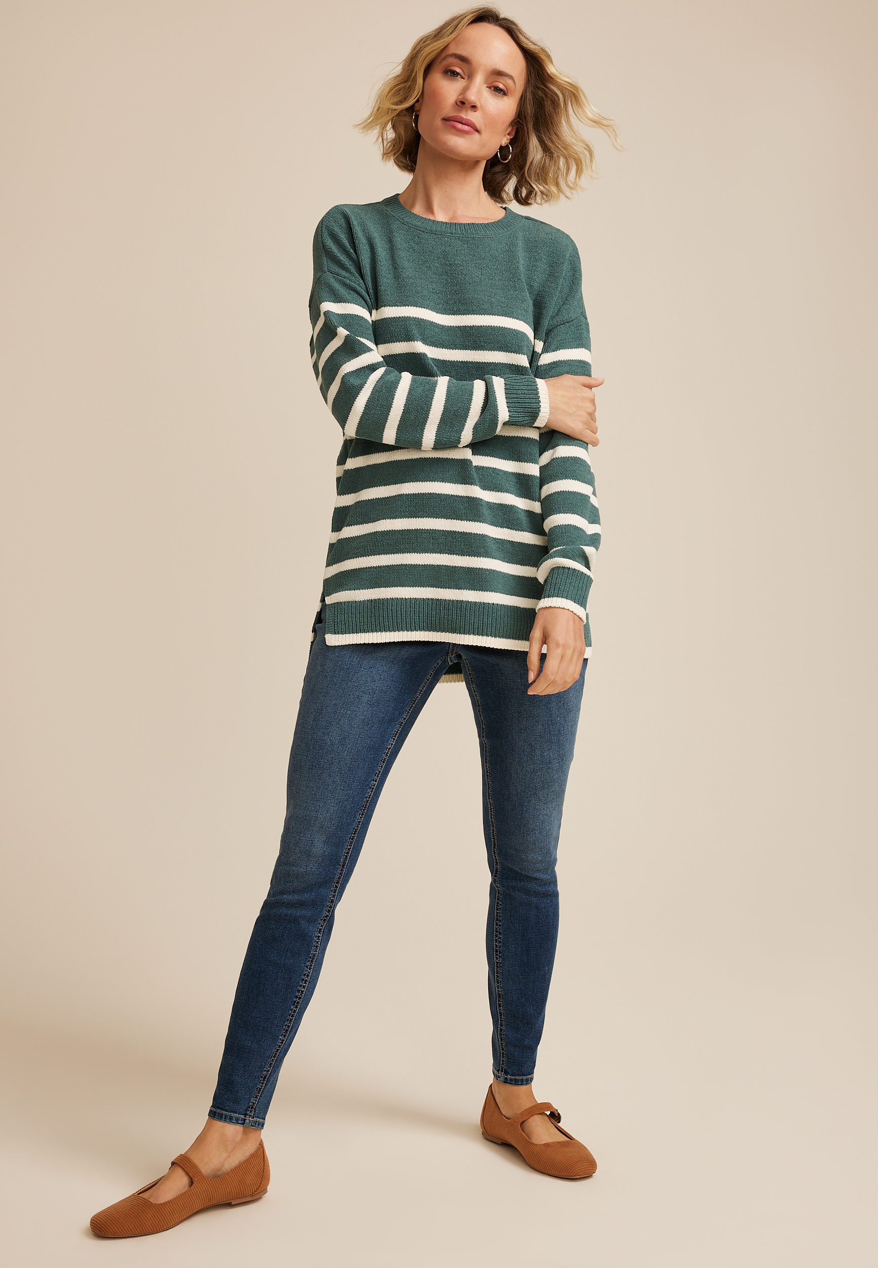 Matte Chenille Striped Tunic Sweater, C8125, large