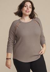 Plus Size Crochet Trim Waffle Knit Long Sleeve Tee, C3374, small