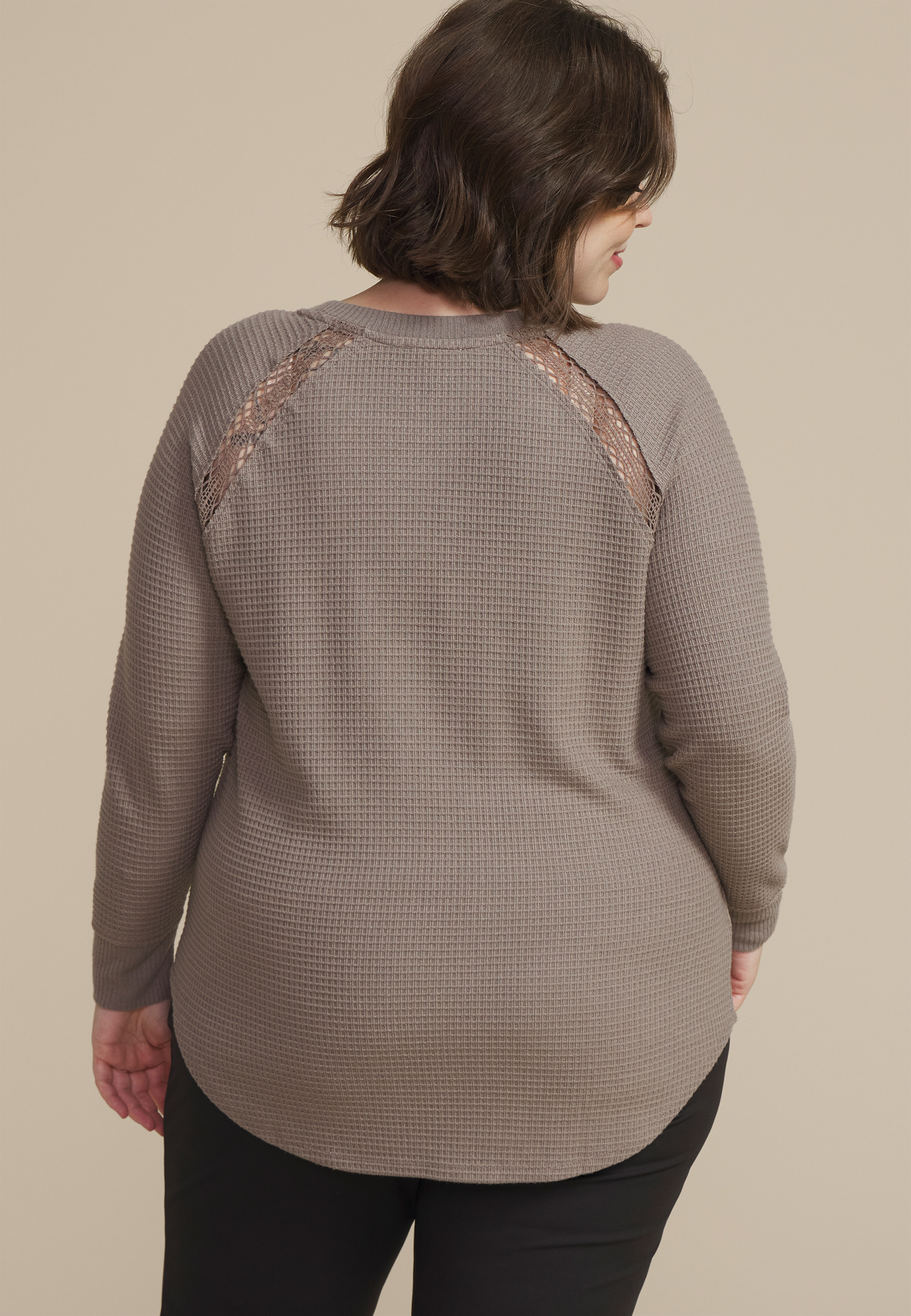 Plus Size Crochet Trim Waffle Knit Long Sleeve Tee