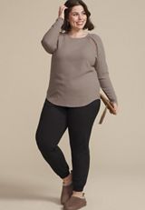 Plus Size Crochet Trim Waffle Knit Long Sleeve Tee, C3374, small