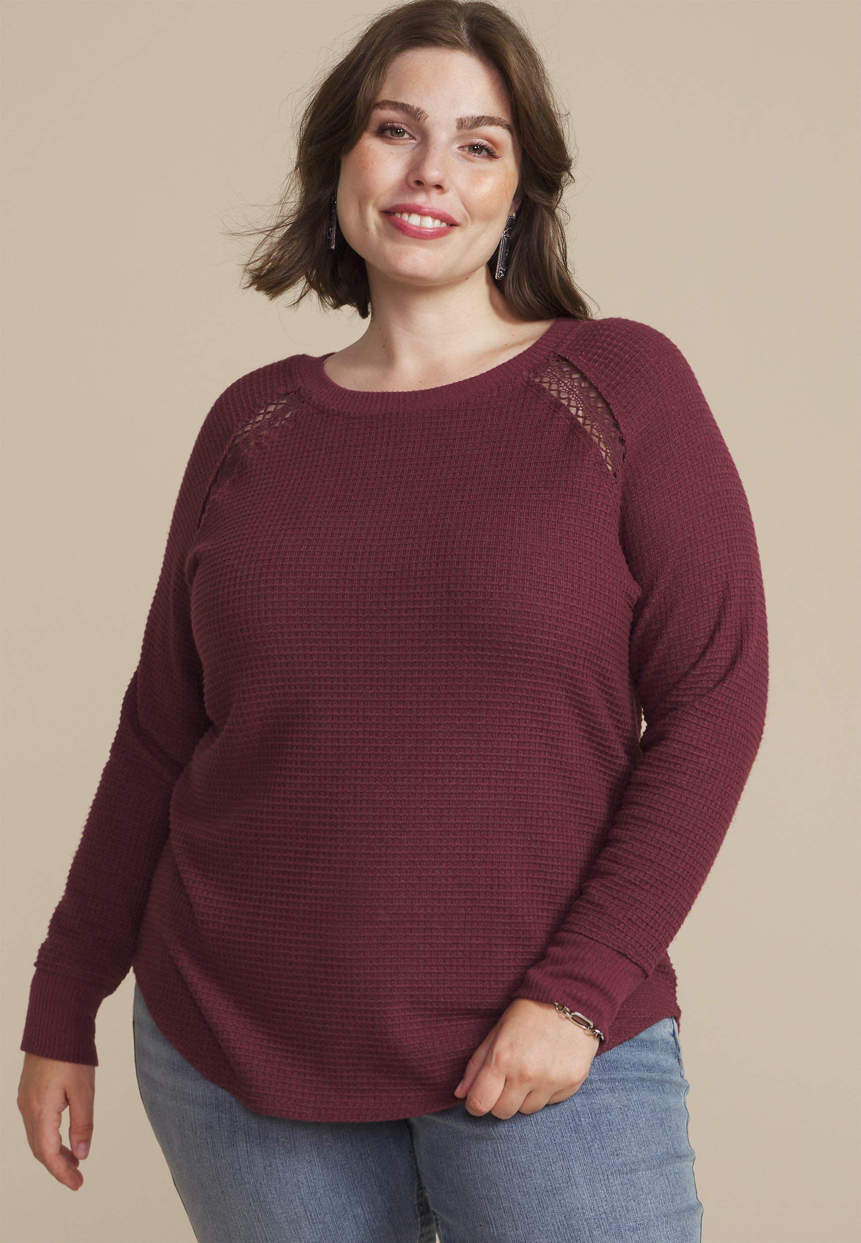 Plus Size Crochet Trim Waffle Knit Long Sleeve Tee