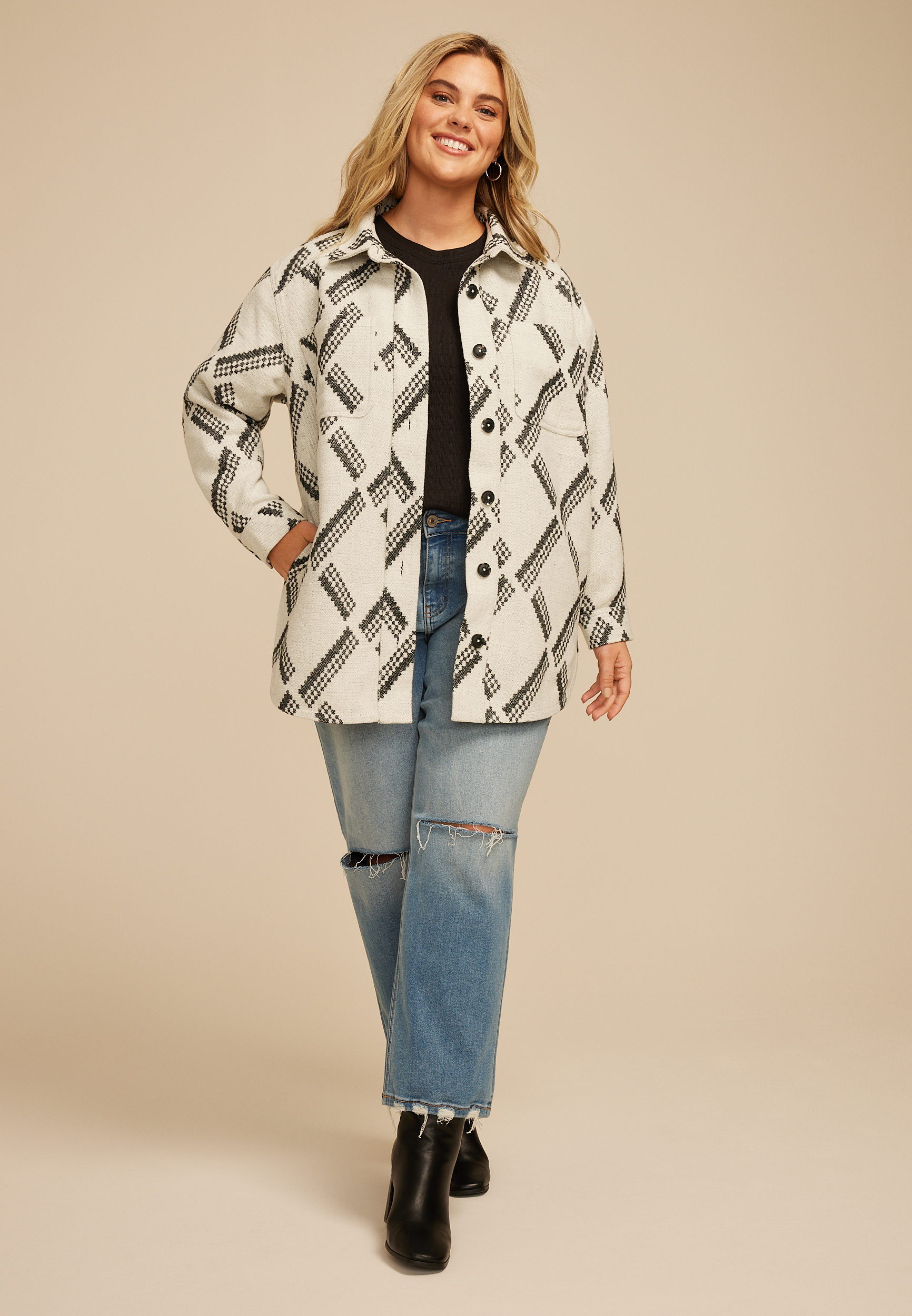 Plus Size Geo Print Shacket, C6007, large
