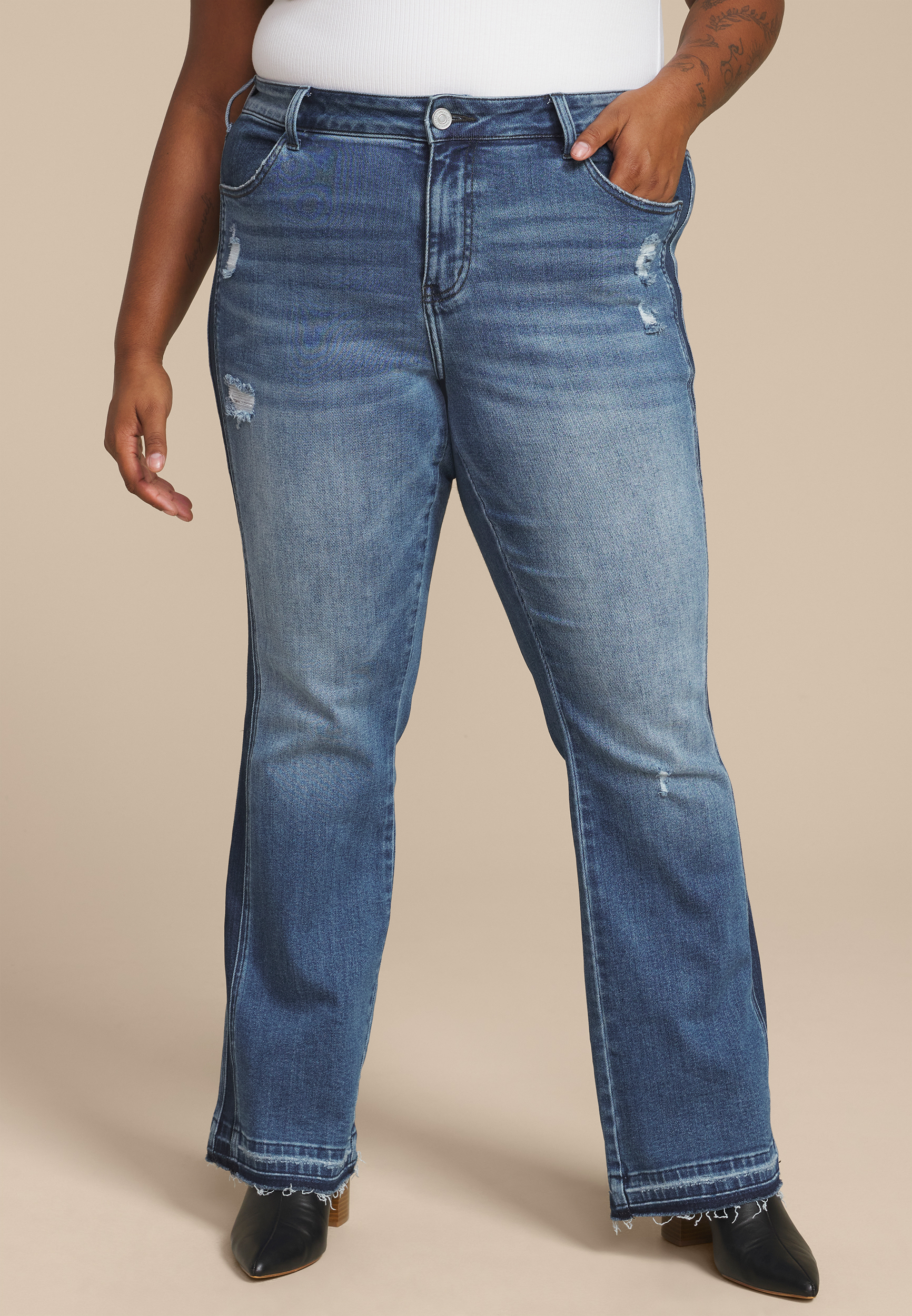 Plus Size Flying Monkey™ High Rise Frayed Hem Flare Jean