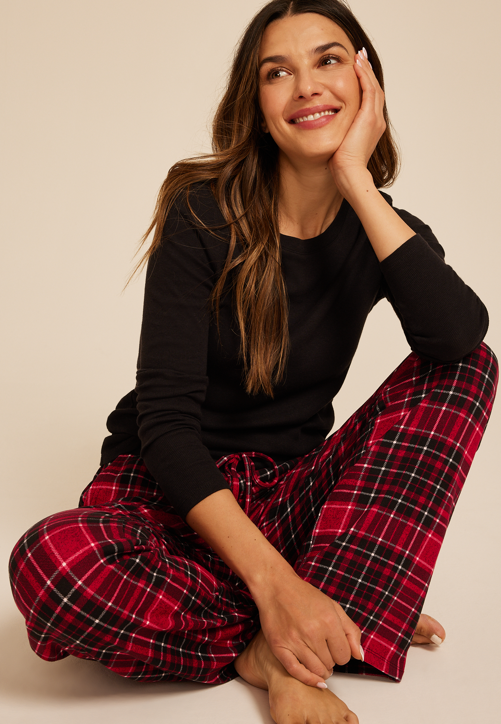 Hacci Red Plaid Wide Leg Pajama Pants, C1756, large