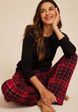 Hacci Red Plaid Wide Leg Pajama Pants, C1756, small