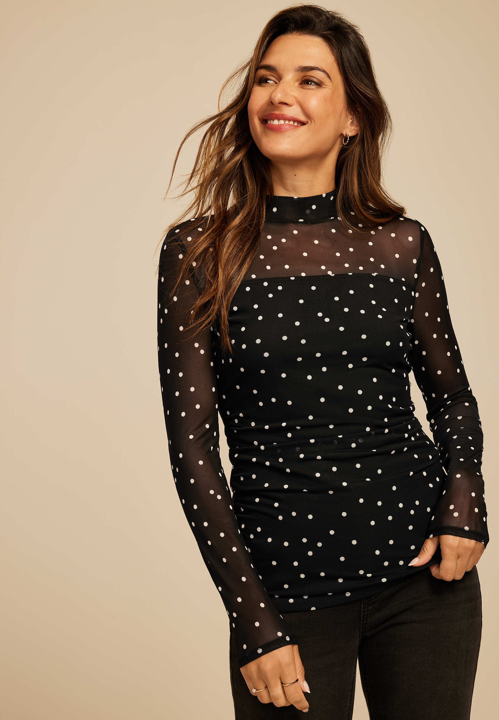 Polka Dot Mesh Mock Top