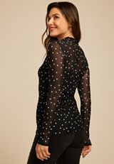 Polka Dot Mesh Mock Top, BLACK COMBO, small
