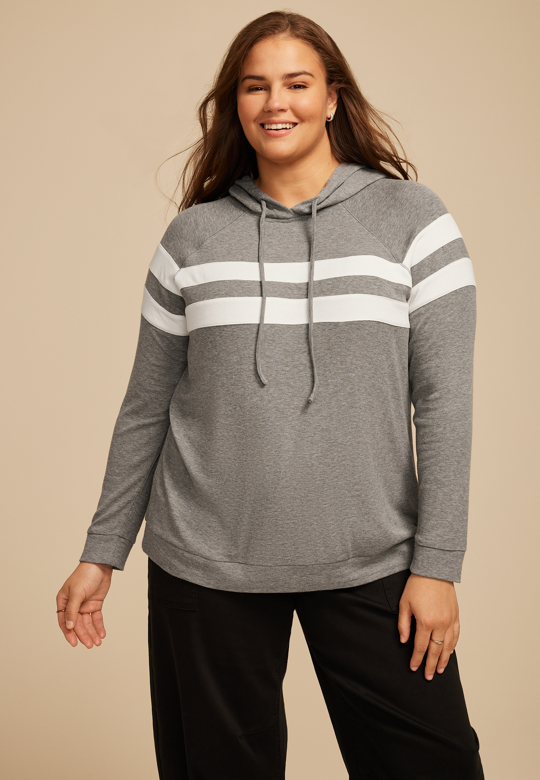 Plus Size Brushed Heathered Gray Stripe Hoodie, C2821, large