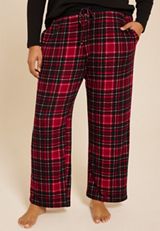 Plus Size Hacci Red Plaid Wide Leg Pajama Pants, BLACK COMBO, small