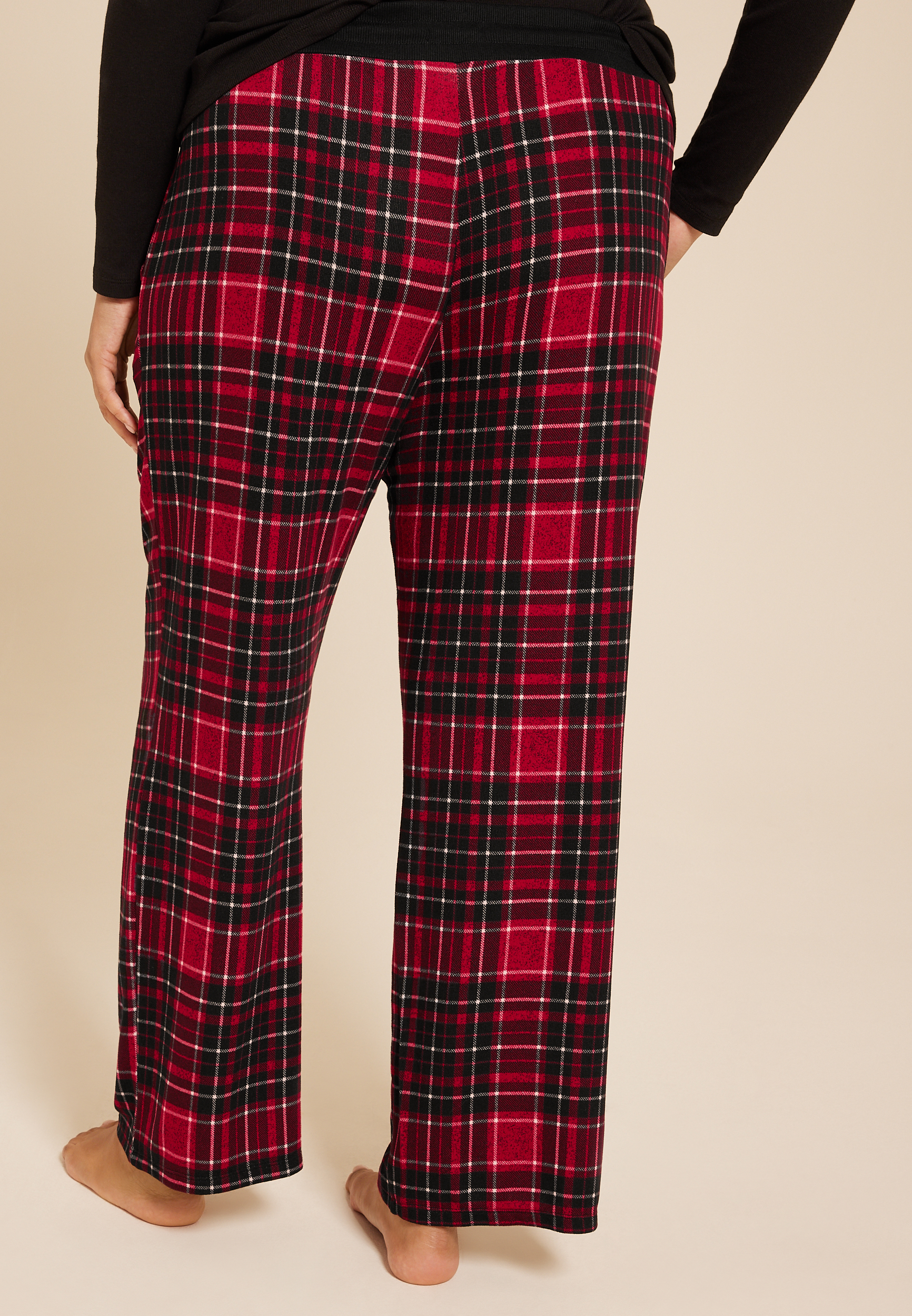 Plus Size Hacci Red Plaid Wide Leg Pajama Pants, BLACK COMBO, large