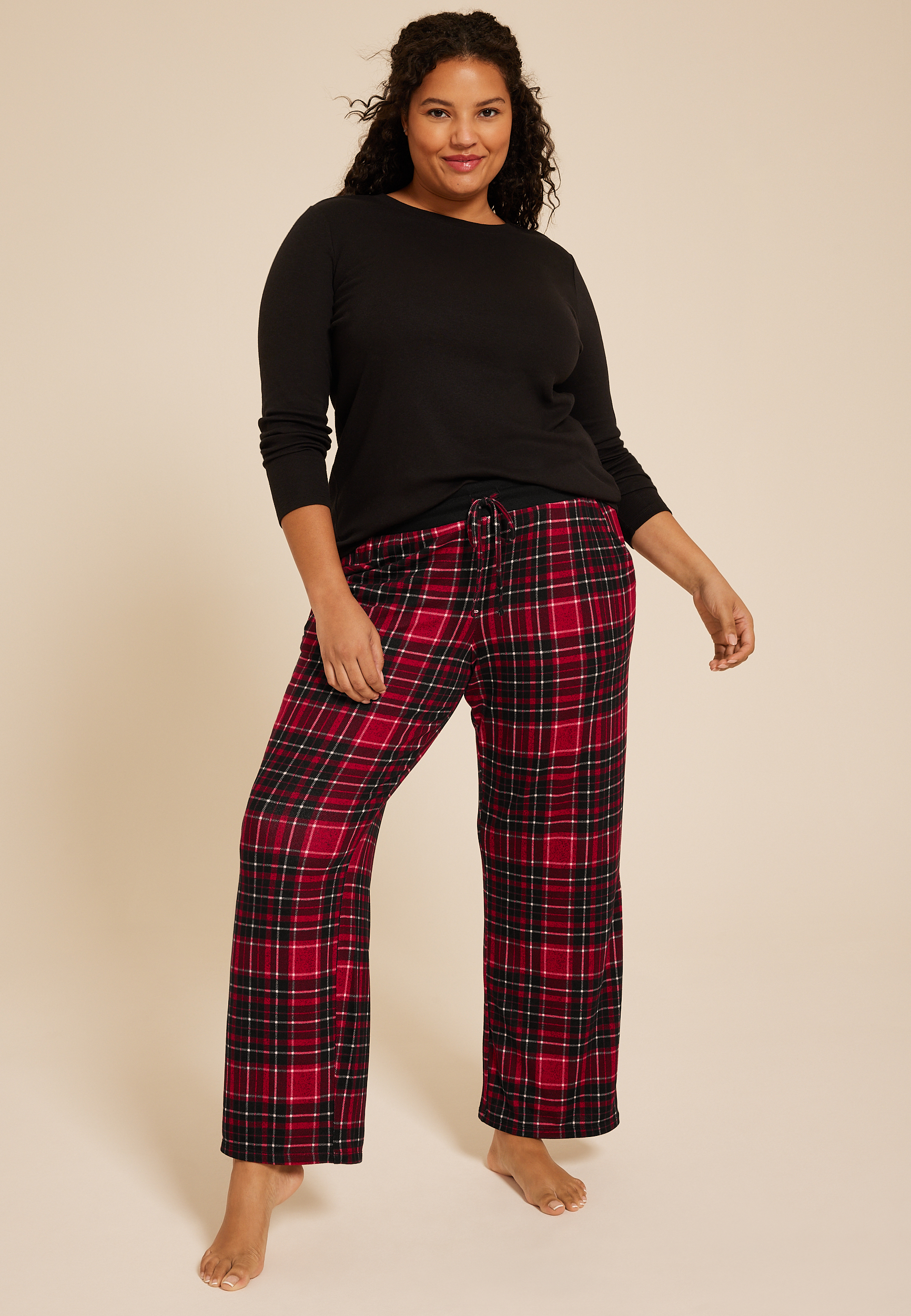 Plus Size Hacci Red Plaid Wide Leg Pajama Pants, BLACK COMBO, large