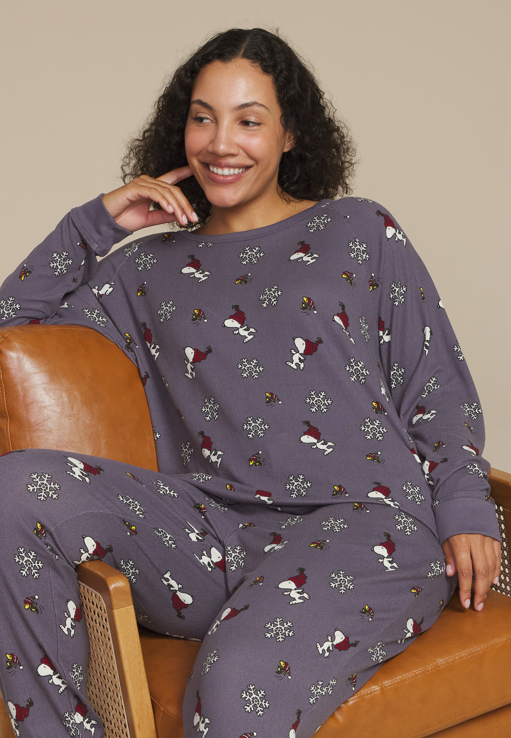 Plus Size Snoopy Long Sleeve Tee And Jogger Pajama Set, SHADOW BLUE COMBO, large