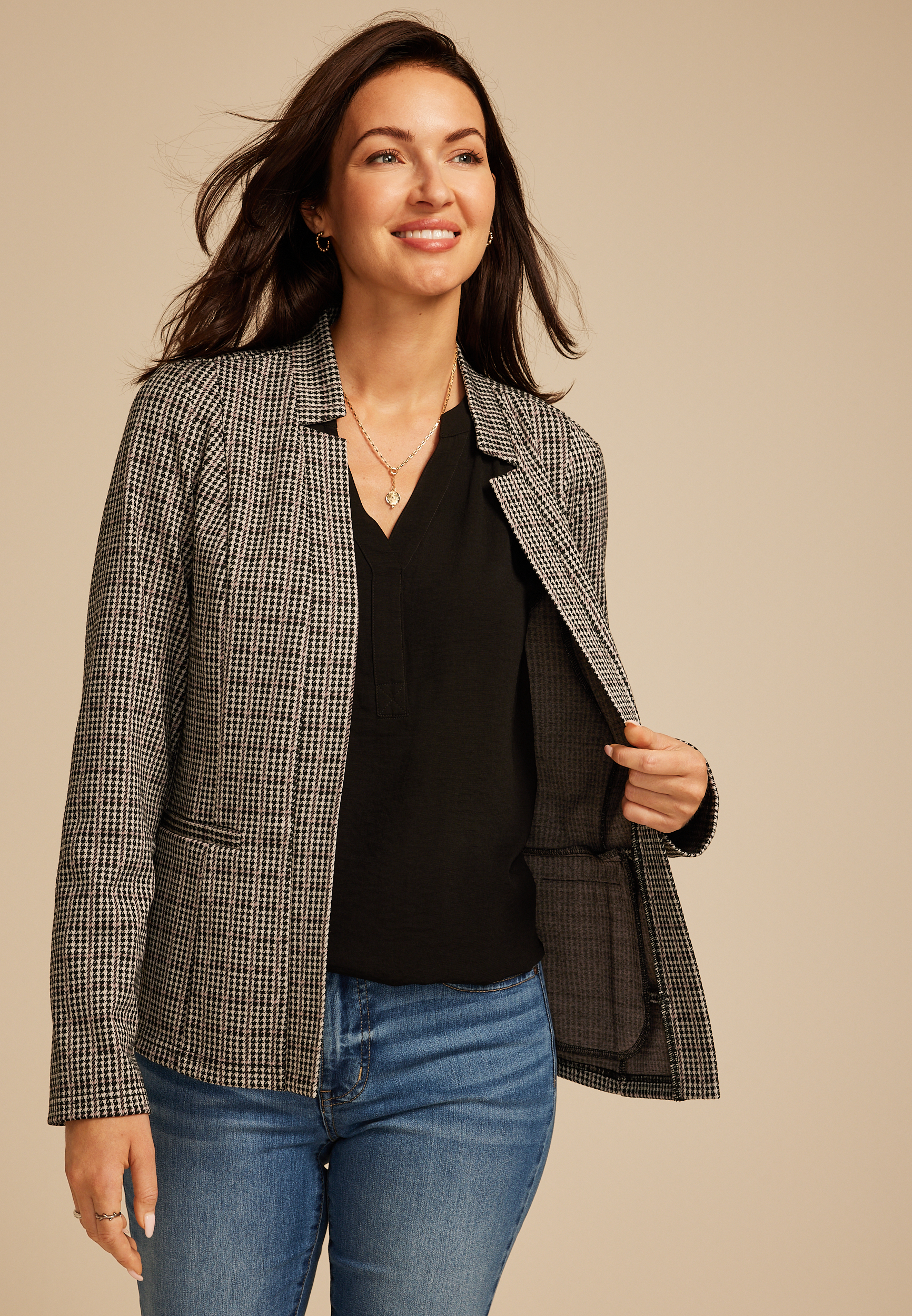 Houndstooth Plaid Ponte Knit Blazer, , small